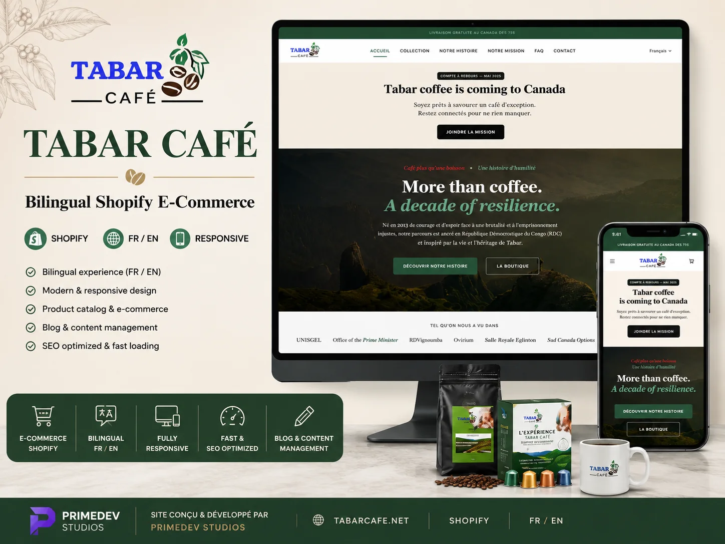 Présentation de la boutique Shopify bilingue Tabar Café sur ordinateur et mobile